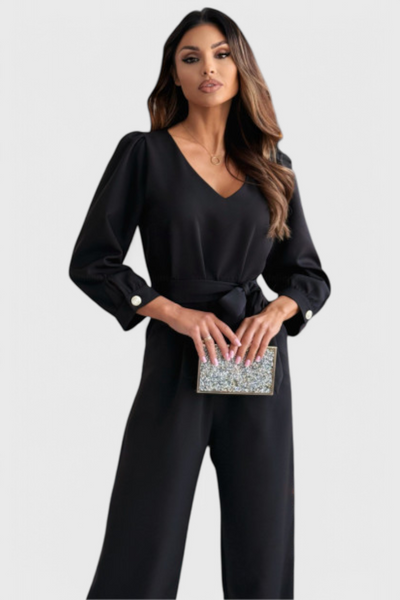 Ariane Mono de Pierna Ancha con Escote en V y Cintura con Lazo