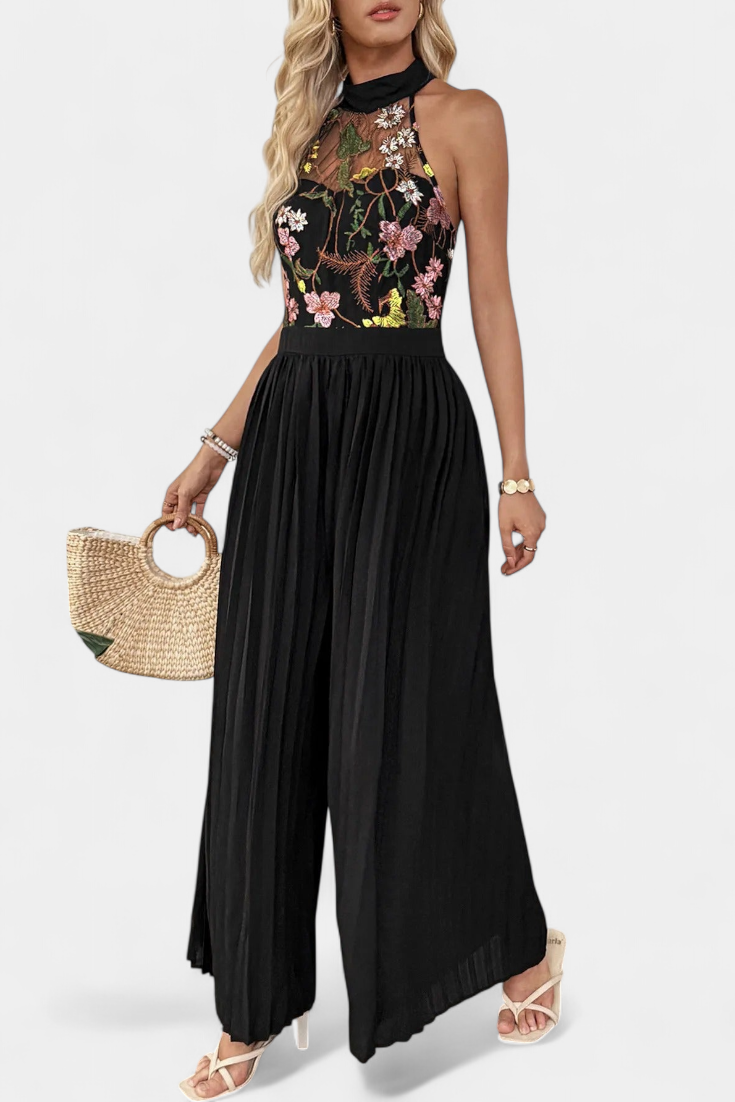 Maruja Mono Palazzo con Bordado Floral y Encaje Transparente