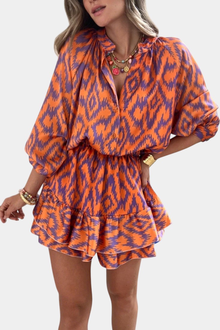 Yasmine Mono Mini con Volantes y Estampado Ikat